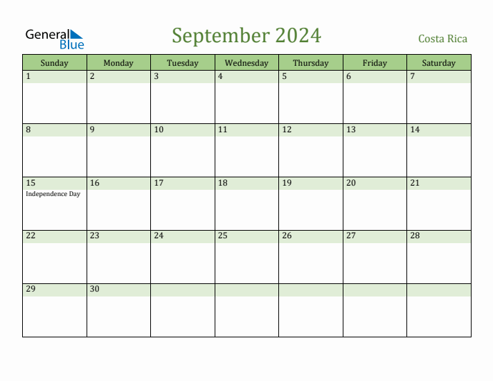September 2024 Calendar with Costa Rica Holidays
