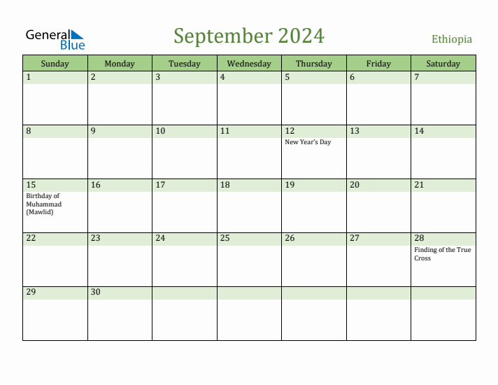 September 2024 Calendar with Ethiopia Holidays