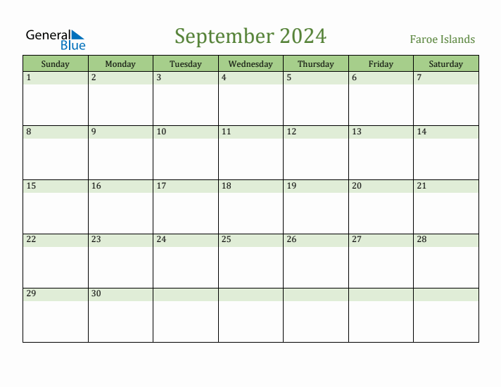 September 2024 Calendar with Faroe Islands Holidays