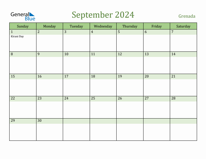September 2024 Calendar with Grenada Holidays