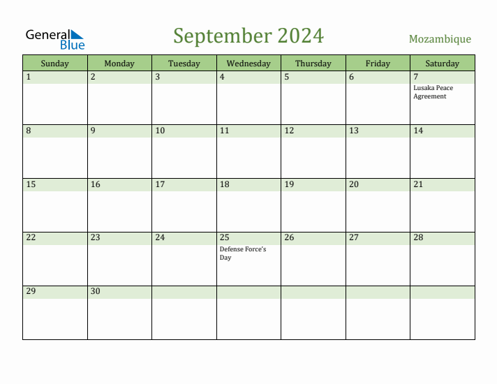 September 2024 Calendar with Mozambique Holidays