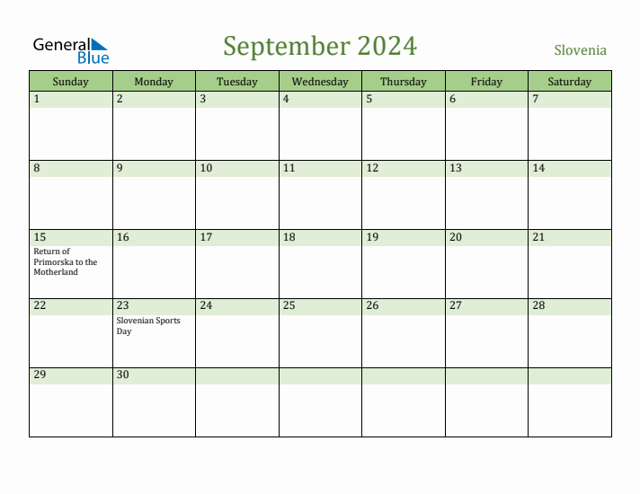 September 2024 Calendar with Slovenia Holidays