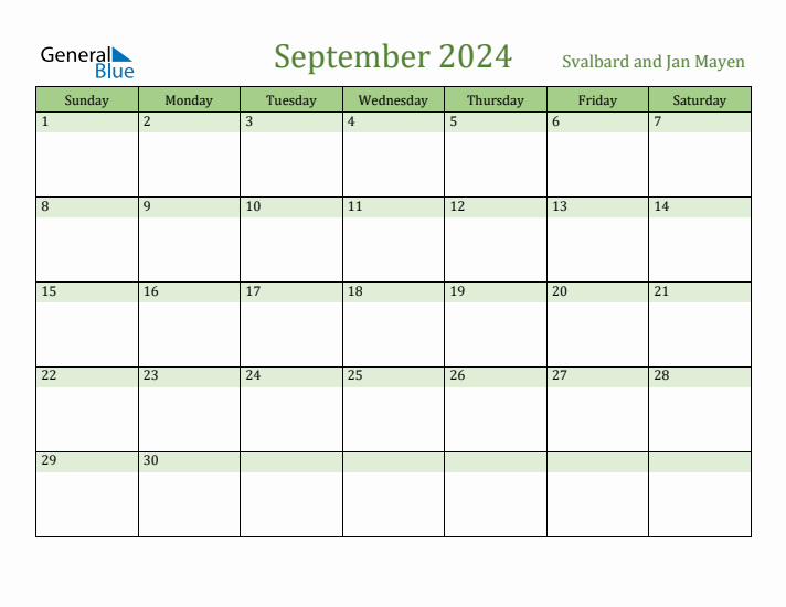 September 2024 Calendar with Svalbard and Jan Mayen Holidays