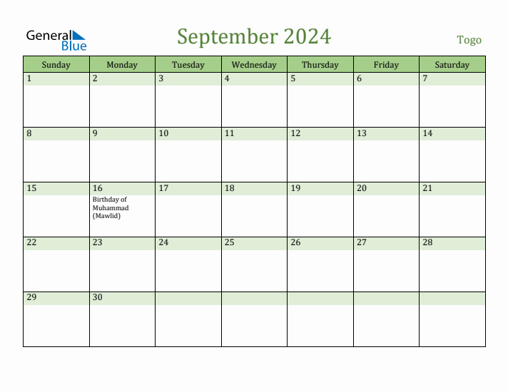 September 2024 Calendar with Togo Holidays