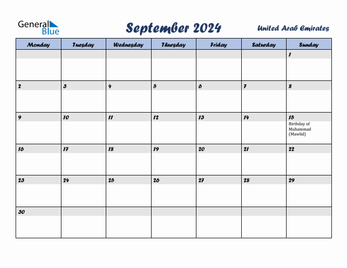 September 2024 Calendar with Holidays in United Arab Emirates
