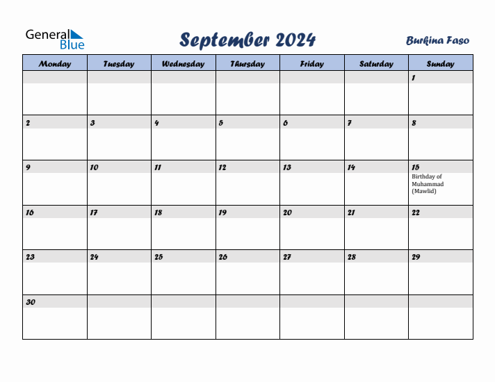 September 2024 Calendar with Holidays in Burkina Faso