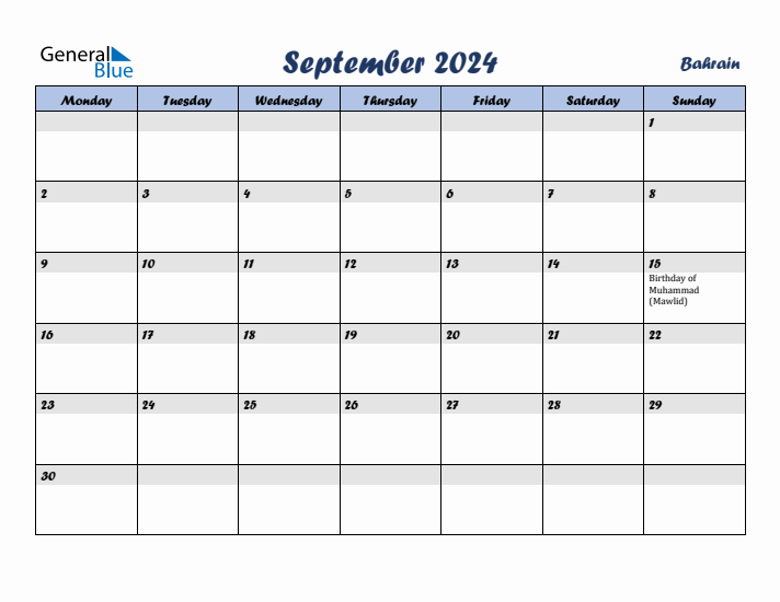 September 2024 Calendar with Holidays in Bahrain