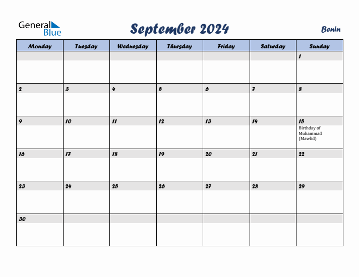 September 2024 Calendar with Holidays in Benin