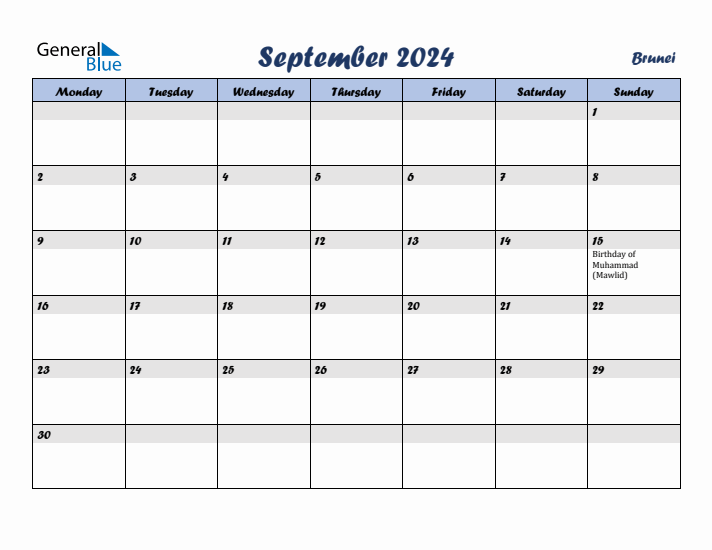 September 2024 Calendar with Holidays in Brunei