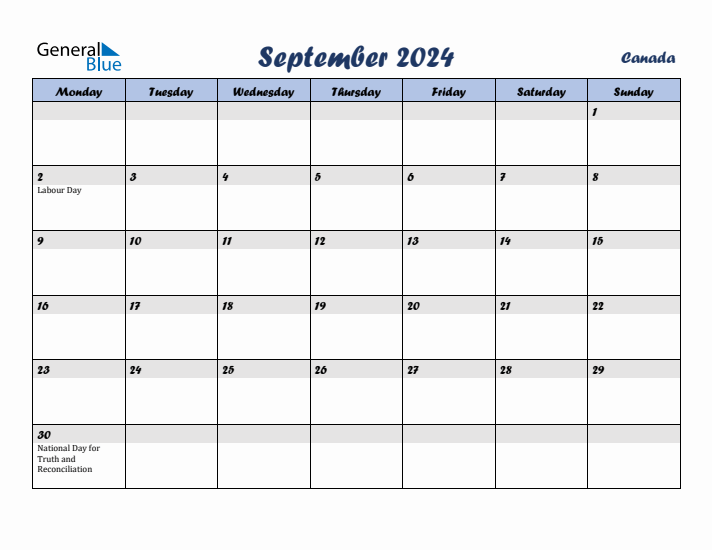 September 2024 Calendar with Holidays in Canada