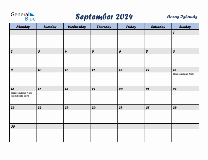 September 2024 Calendar with Holidays in Cocos Islands