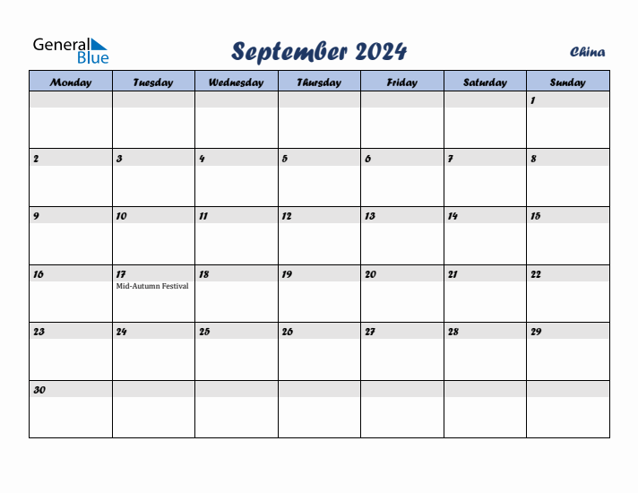 September 2024 Calendar with Holidays in China