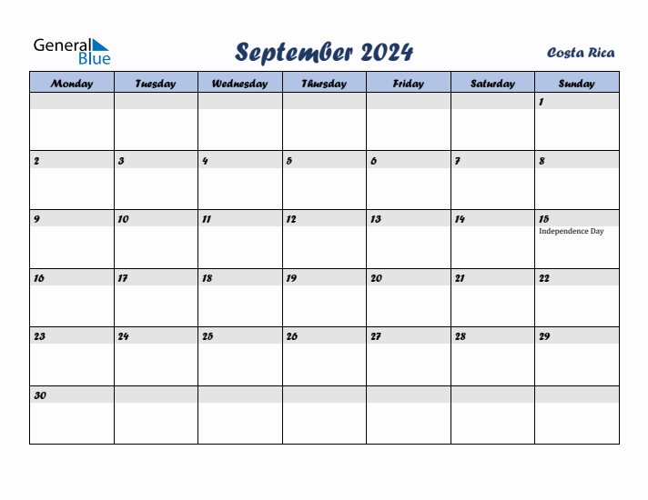 September 2024 Costa Rica Monthly Calendar with Holidays