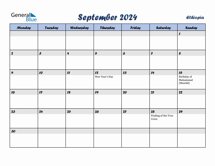 September 2024 Ethiopia Monthly Calendar with Holidays