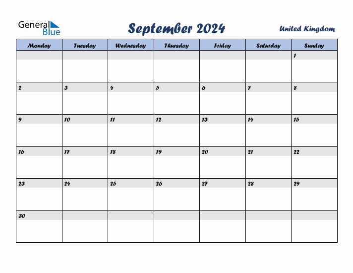 September 2024 Calendar with Holidays in United Kingdom