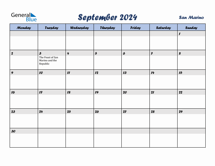 September 2024 Calendar with Holidays in San Marino