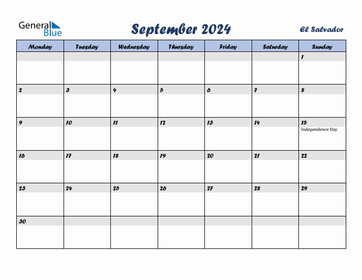 September 2024 Calendar with Holidays in El Salvador