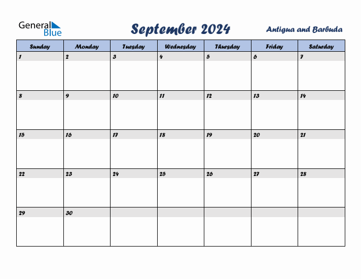 September 2024 Calendar with Holidays in Antigua and Barbuda