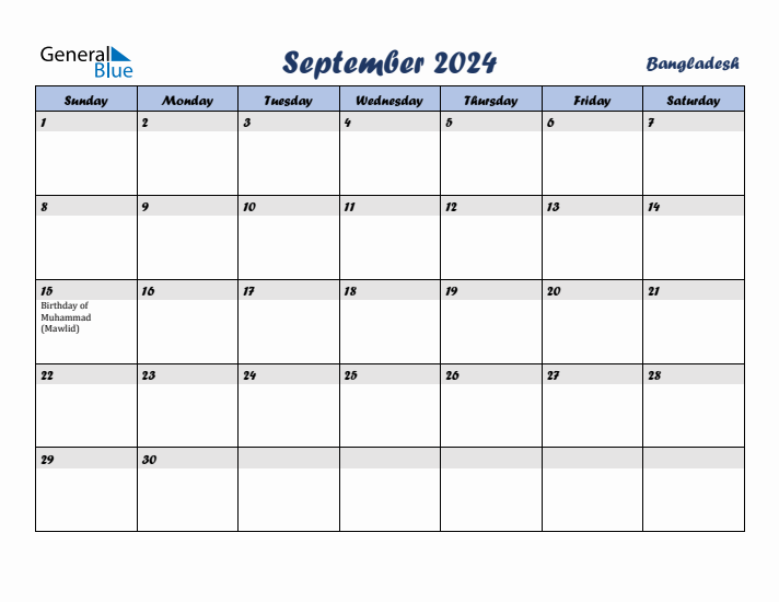 September 2024 Calendar with Holidays in Bangladesh