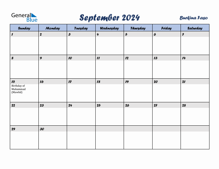 September 2024 Calendar with Holidays in Burkina Faso
