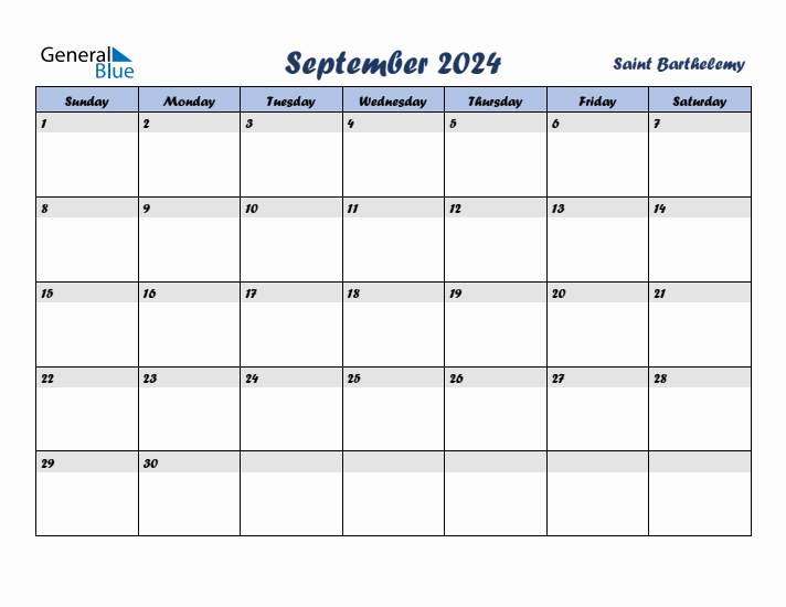 September 2024 Calendar with Holidays in Saint Barthelemy