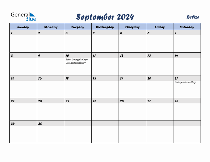 September 2024 Monthly Calendar Template with Holidays for Belize