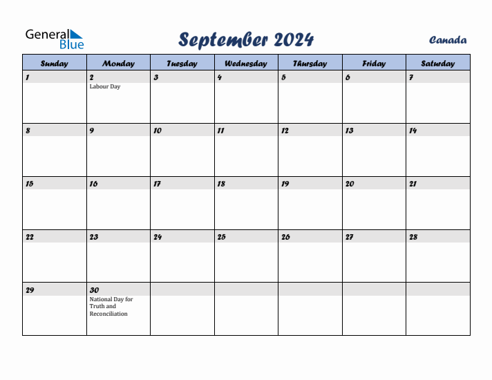 September 2024 Monthly Calendar Template with Holidays for Canada