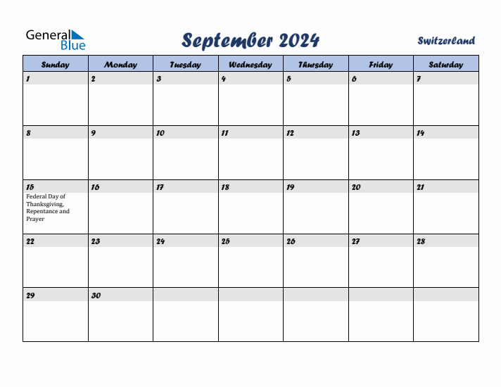 September 2024 Calendar with Holidays in Switzerland