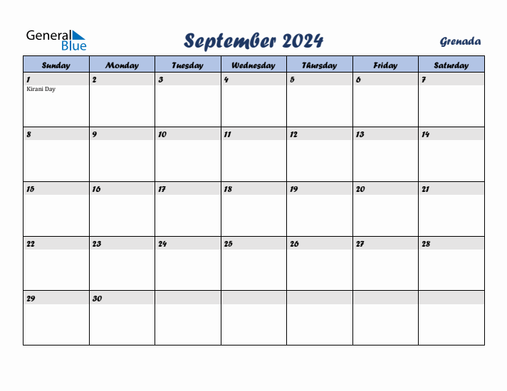 September 2024 Calendar with Holidays in Grenada