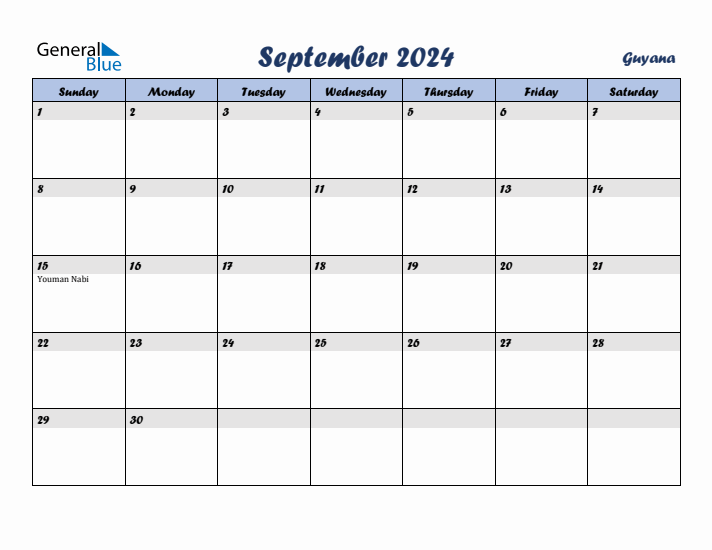 September 2024 Calendar with Holidays in Guyana