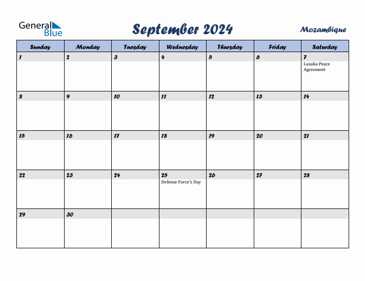 September 2024 Calendar with Holidays in Mozambique