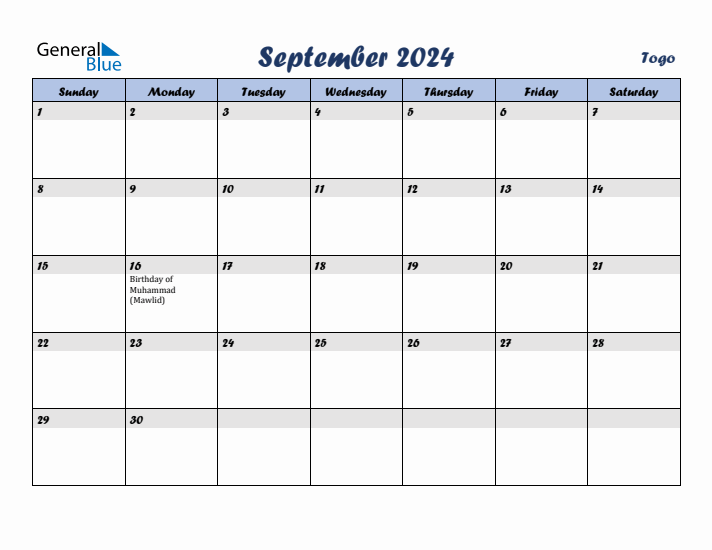 September 2024 Calendar with Holidays in Togo