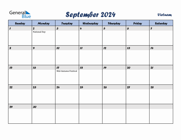 September 2024 Calendar with Holidays in Vietnam