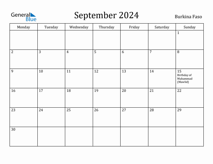 September 2024 Calendar Burkina Faso