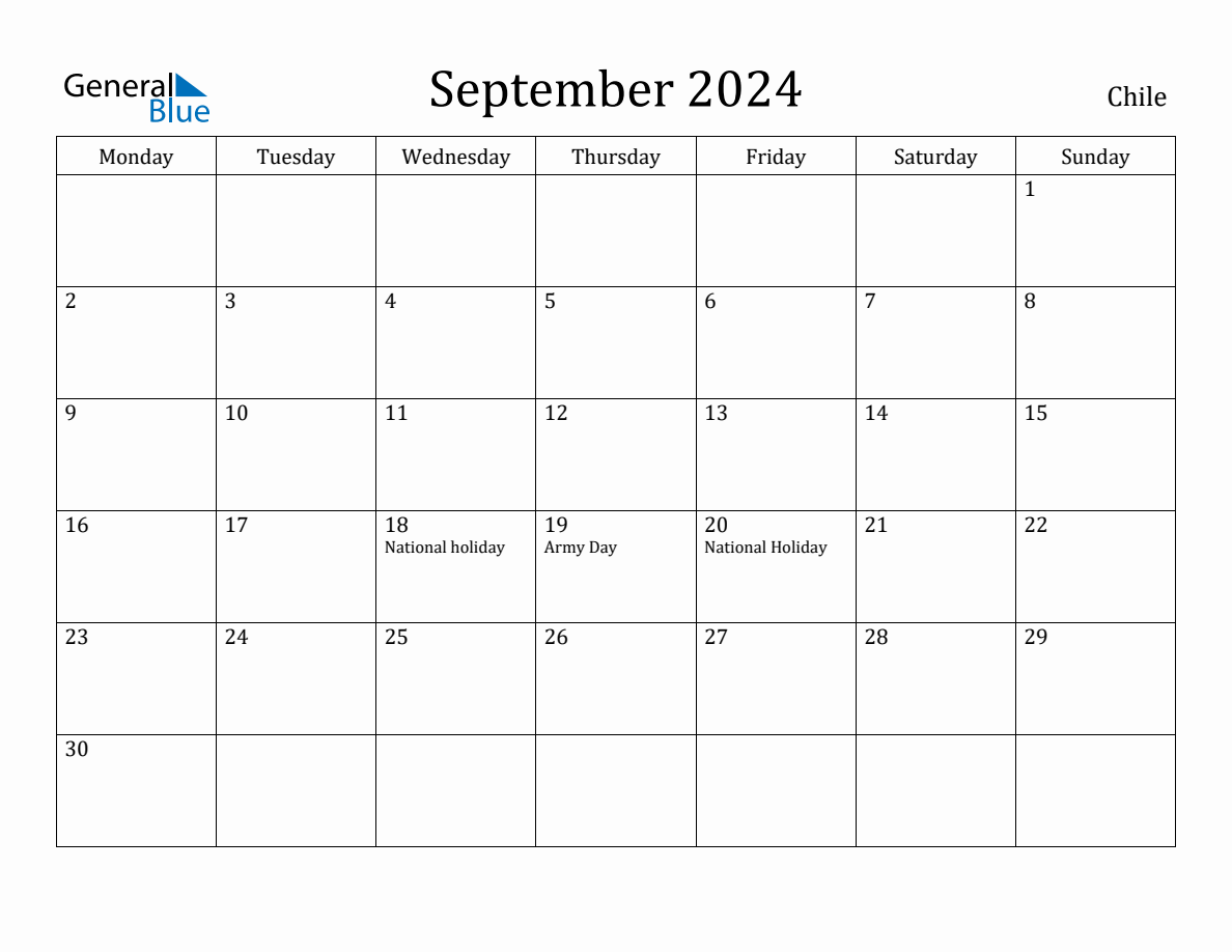 September 2024 Chile Monthly Calendar with Holidays