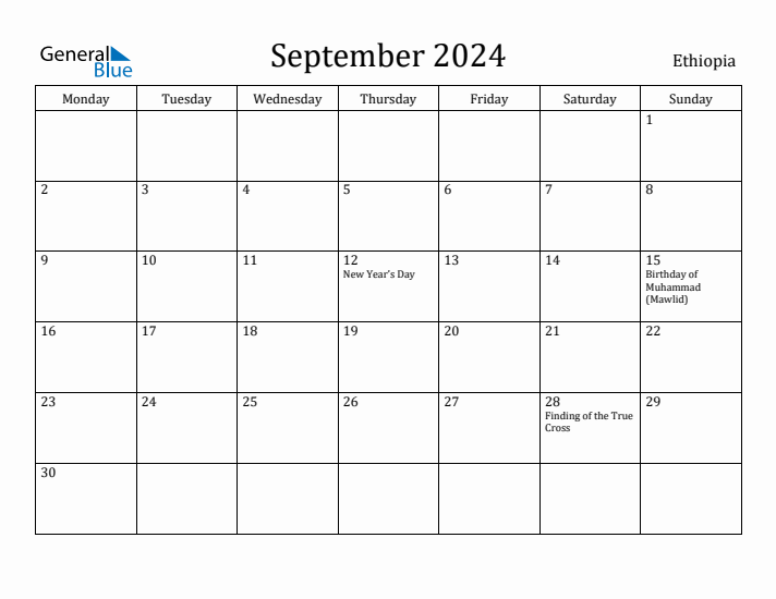September 2024 Ethiopia Monthly Calendar with Holidays