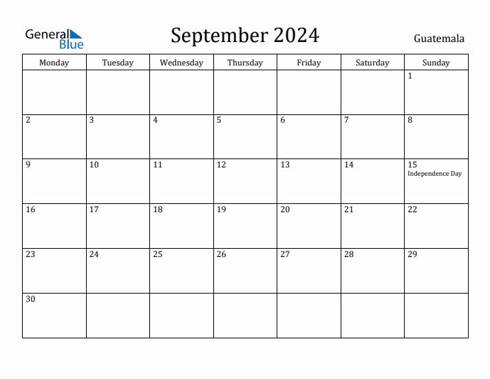 September 2024 Calendar Guatemala