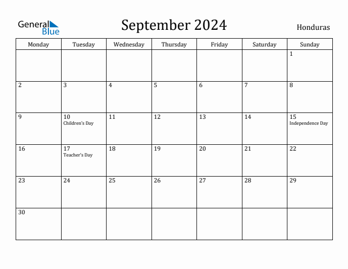 September 2024 Calendar Honduras