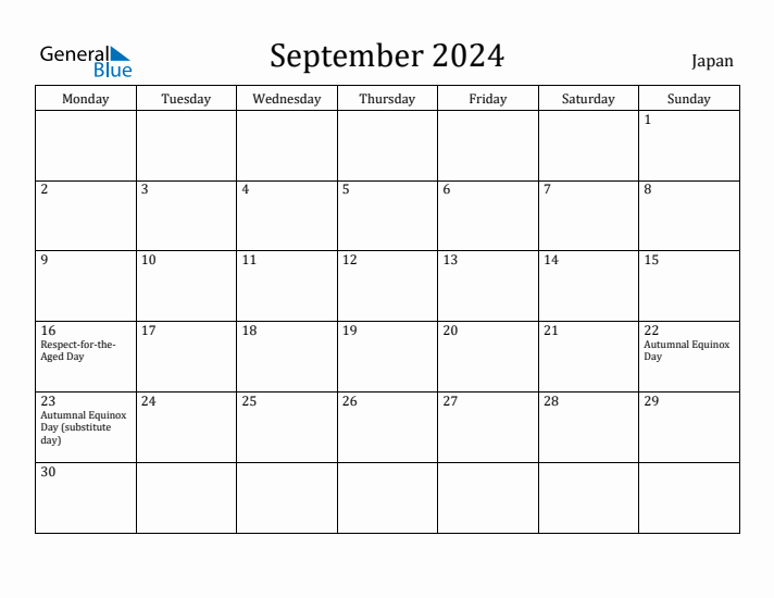 September 2024 Japan Monthly Calendar with Holidays
