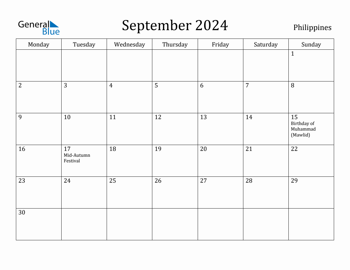 September 2024 Philippines Monthly Calendar with Holidays