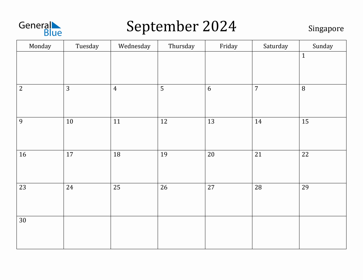 September 2024 Singapore Monthly Calendar with Holidays