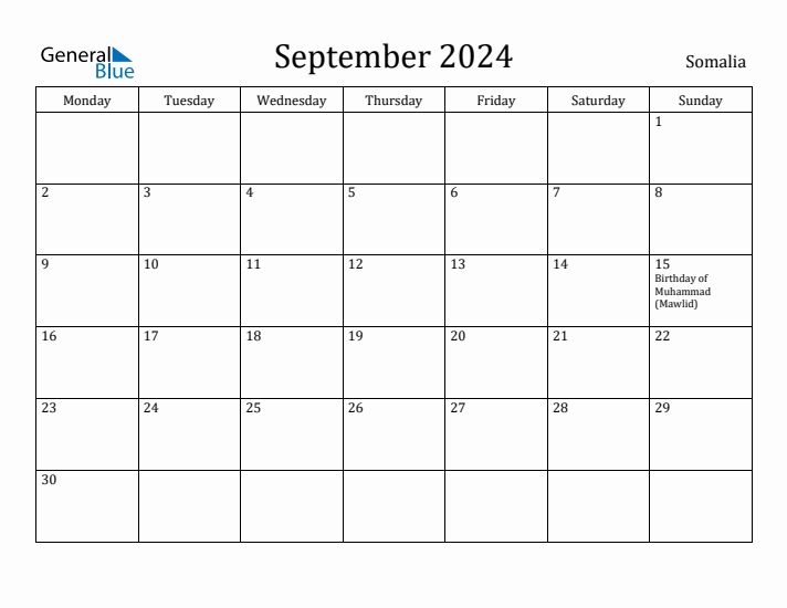 September 2024 Calendar Somalia