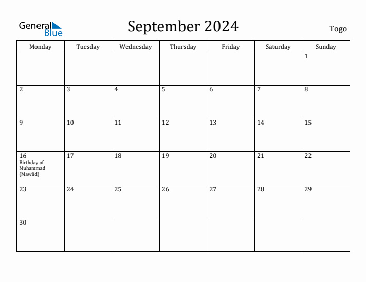September 2024 Togo Monthly Calendar with Holidays