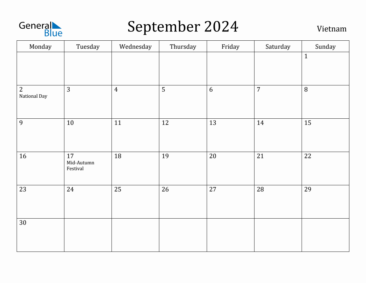 September 2024 Vietnam Monthly Calendar with Holidays