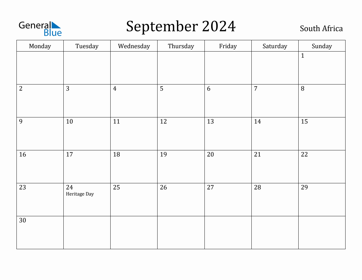 September 2024 South Africa Monthly Calendar with Holidays