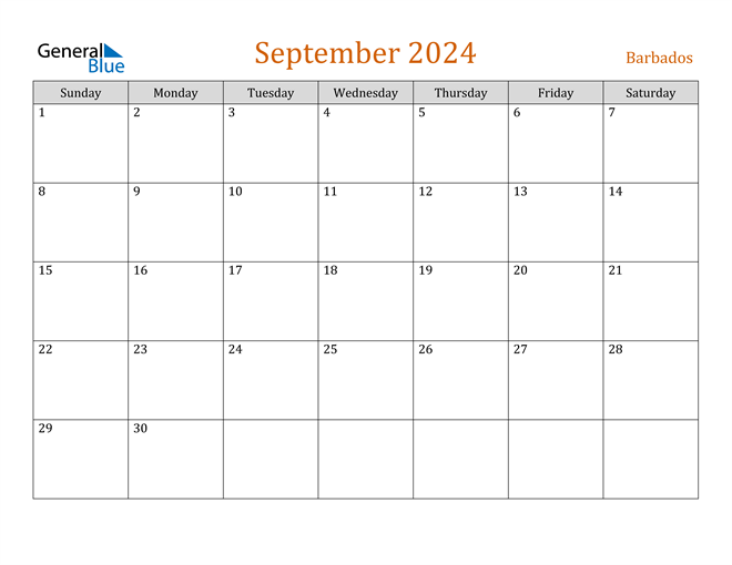 Barbados September 2024 Calendar with Holidays