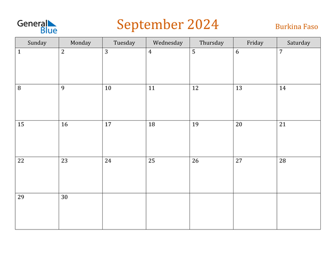 Burkina Faso September 2024 Calendar with Holidays