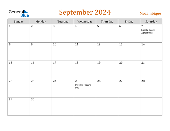 September 2024 Calendar with Mozambique Holidays