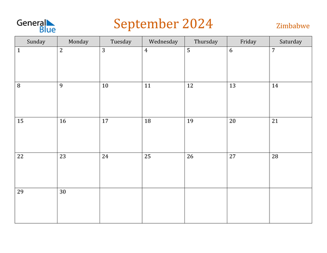 Zimbabwe September 2024 Calendar with Holidays