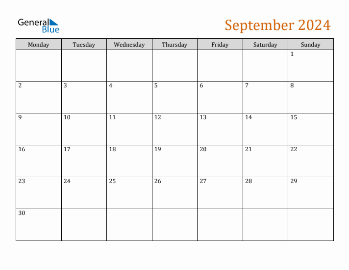 September 2024 Monday Start Calendar (PDF, Excel, Word)